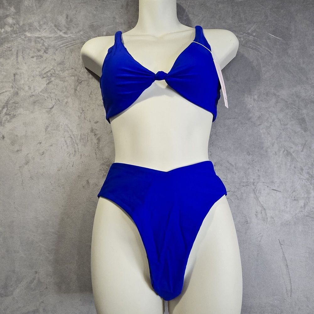 Fashion Bikini Set Swimsuit Size Small Blue‎ Triangle Knotted Front Cheeky
